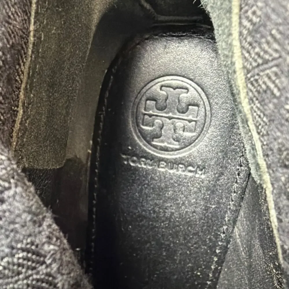 Tory Burch Black Leather Riding Boots Knee High Embossed Double T Logo Size 7.5